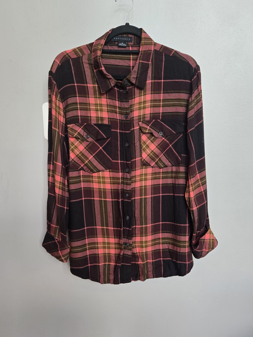 Sanctuary Womens Medium Plaid Button Down Shirt Pink Purple Brown Rayon Flannel